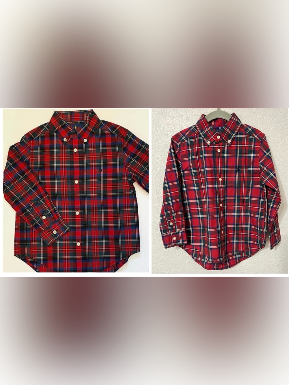 Ralph Lauren Boys Red Plaid Button-Down Shirt with Green Accents Christmas